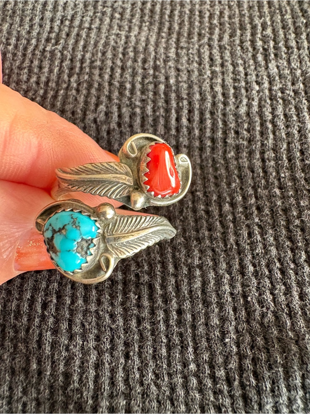 Sterling Silver Turquoise and Coral Leaf Wrap Ring - Women's Jewelry